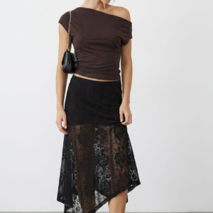 Ally Fashion Black Scarf Hem Midi Skirt Elastic Waist Lace Black Scarf Hem Midi Skirt Elastic Waist Lace