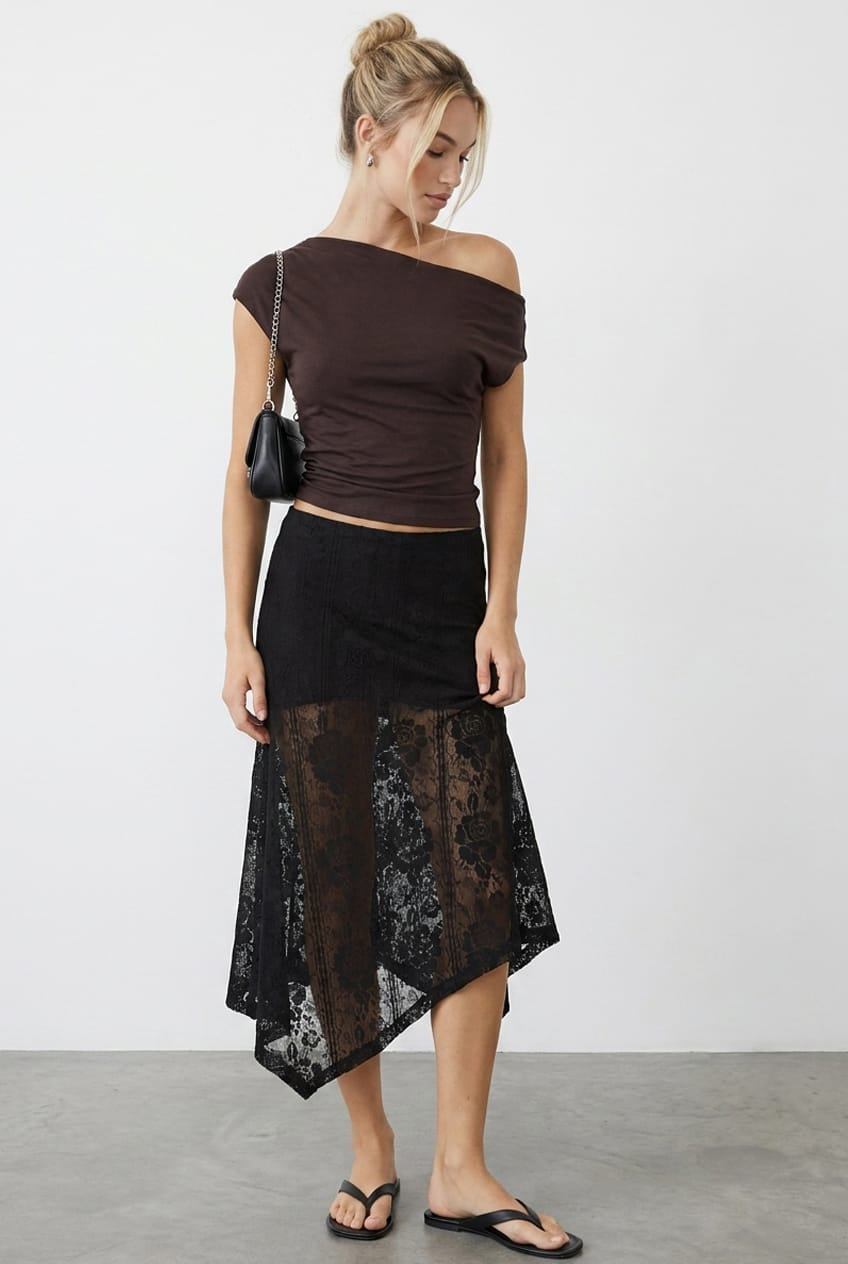 Ally Fashion Black Scarf Hem Midi Skirt Elastic Waist Lace
