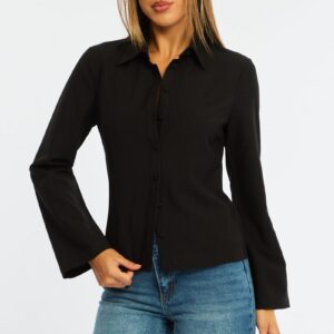 Black Shirt Long Sleeve Collared Button Up