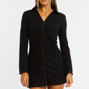 Ally Fashion Black Shirts Dress Gathering Front Black Shirts Dress Gathering Front