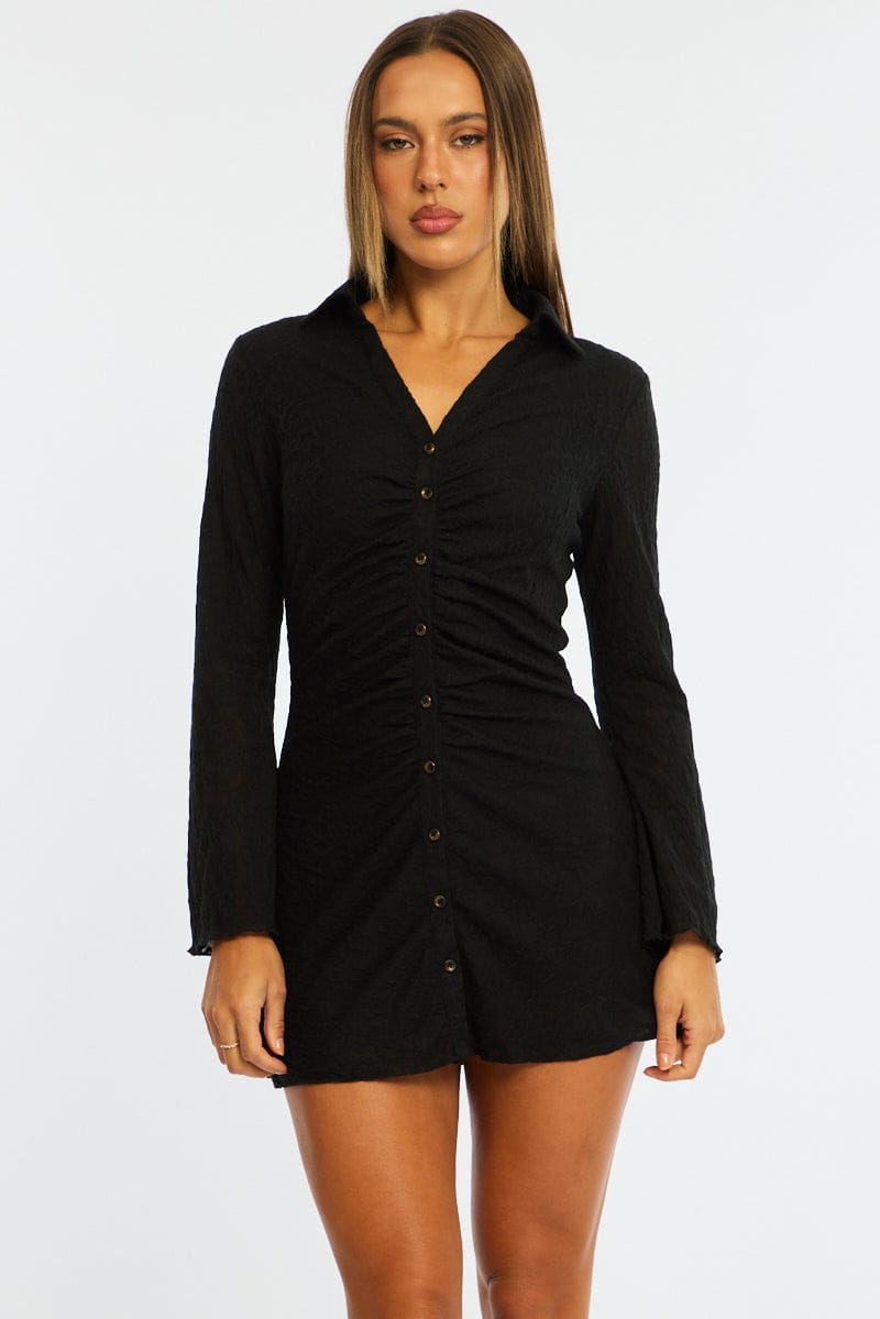 Ally Fashion Black Shirts Dress Gathering Front