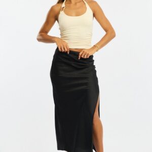 Black Slip Skirt High Waist Front Split Midaxi Satin