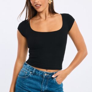 Ally Fashion Black Square Neck T-shirt Cap Sleeve Black Square Neck T-shirt Cap Sleeve