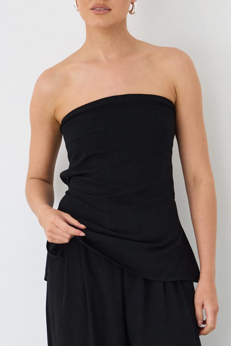 Ally Fashion Black Strapless Top Linen Blend Side Splits
