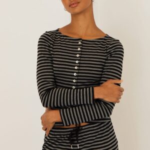 Ally Fashion Black Stripe Button Down Top