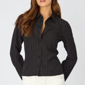 Black Stripe Shirt Long Sleeves Collared Button Up Pinstripe
