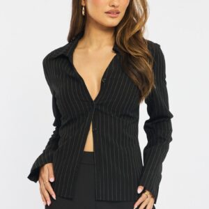 Black Stripe Shirt Long Sleeves Collared Button Up Pinstripe