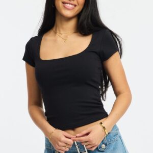 Black Supersoft Top Square Neck Short Sleeve