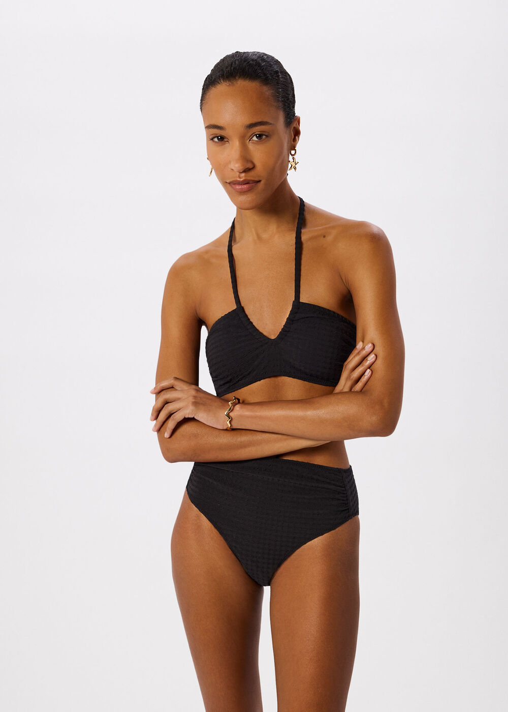 Black Textured Gingham Bikini Top Swim Piece - Image 2