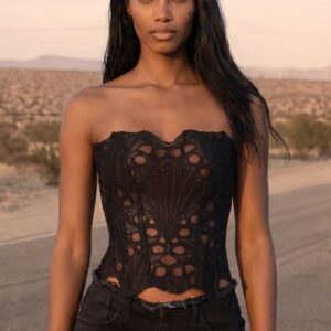 Black Textured Sheer Floral Lace Corset | PrettyLittleThing