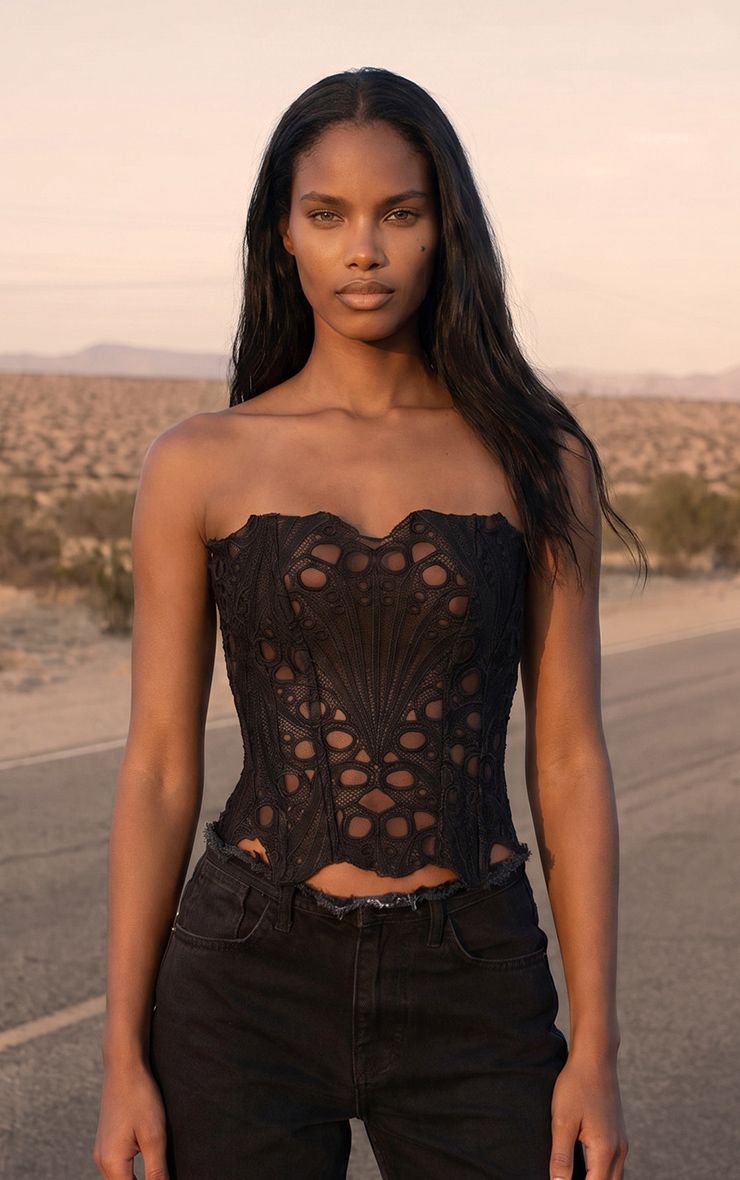 Black Textured Sheer Floral Lace Corset | PrettyLittleThing