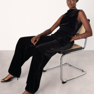 Black Velvet Twist Waist Jumpsuit