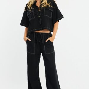 Black Wide Leg Pants Contrast Stitch