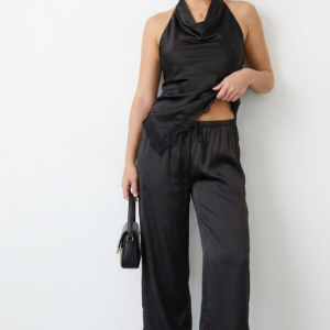 Ally Fashion Black Wide Leg Pants Elasticated Waist Satin