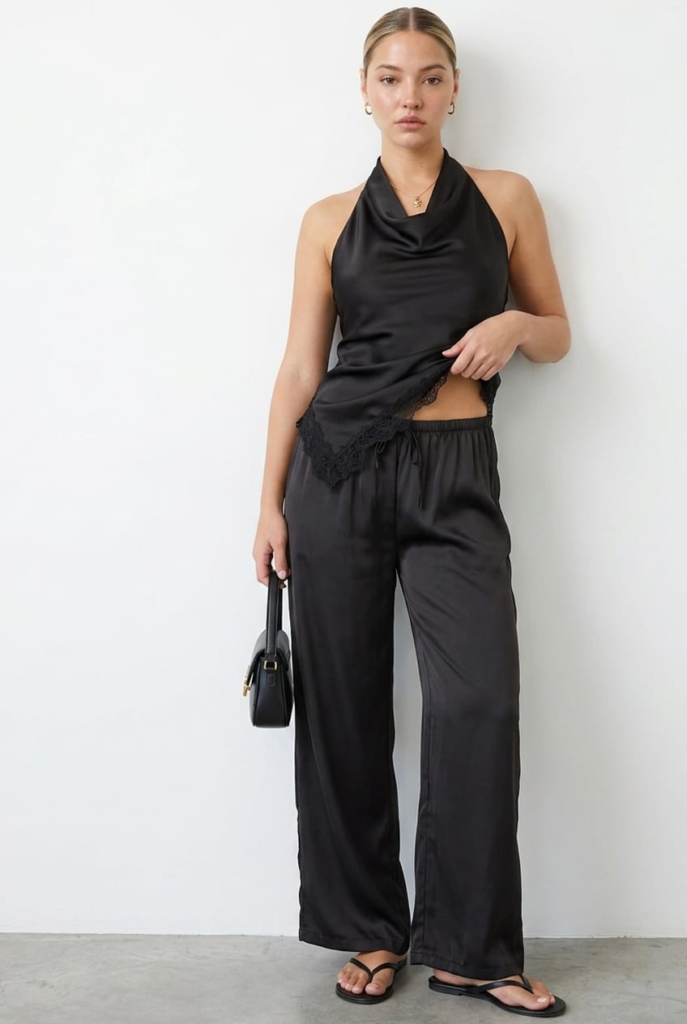 Ally Fashion Black Wide Leg Pants Elasticated Waist Satin