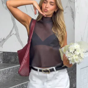 BB Exclusive Blair Black High Neck Sheer Top