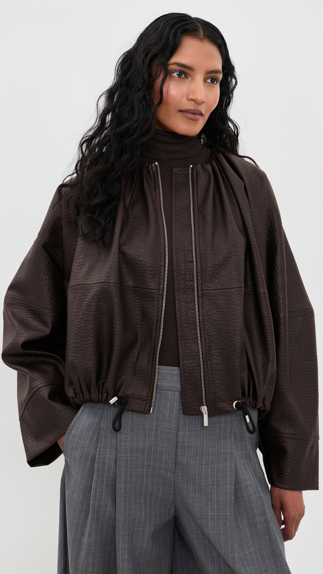MEIMEIJ Blouson Cinched Bubble Faux Leather Jacket