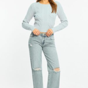 Blue Cable Knit Top Long Sleeve Crew Neck