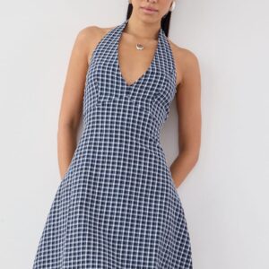Blue Check Halter Neck Dress Mini