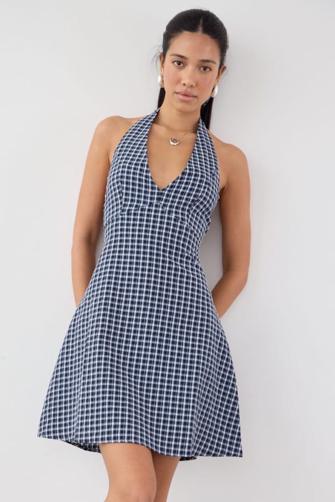 Ally Fashion Blue Check Halter Neck Dress Mini