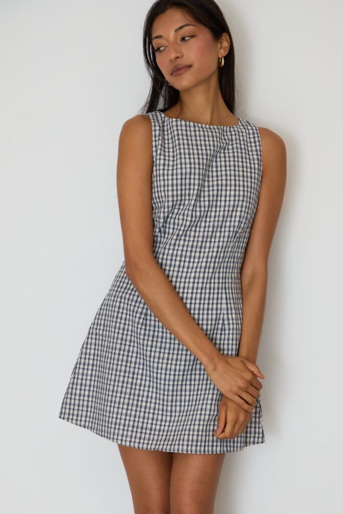 Ally Fashion Blue Check Mini Dress Boat Neck