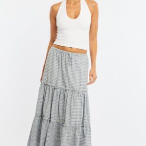 Blue Check Tiered Maxi Skirt Elastic Waist Lined