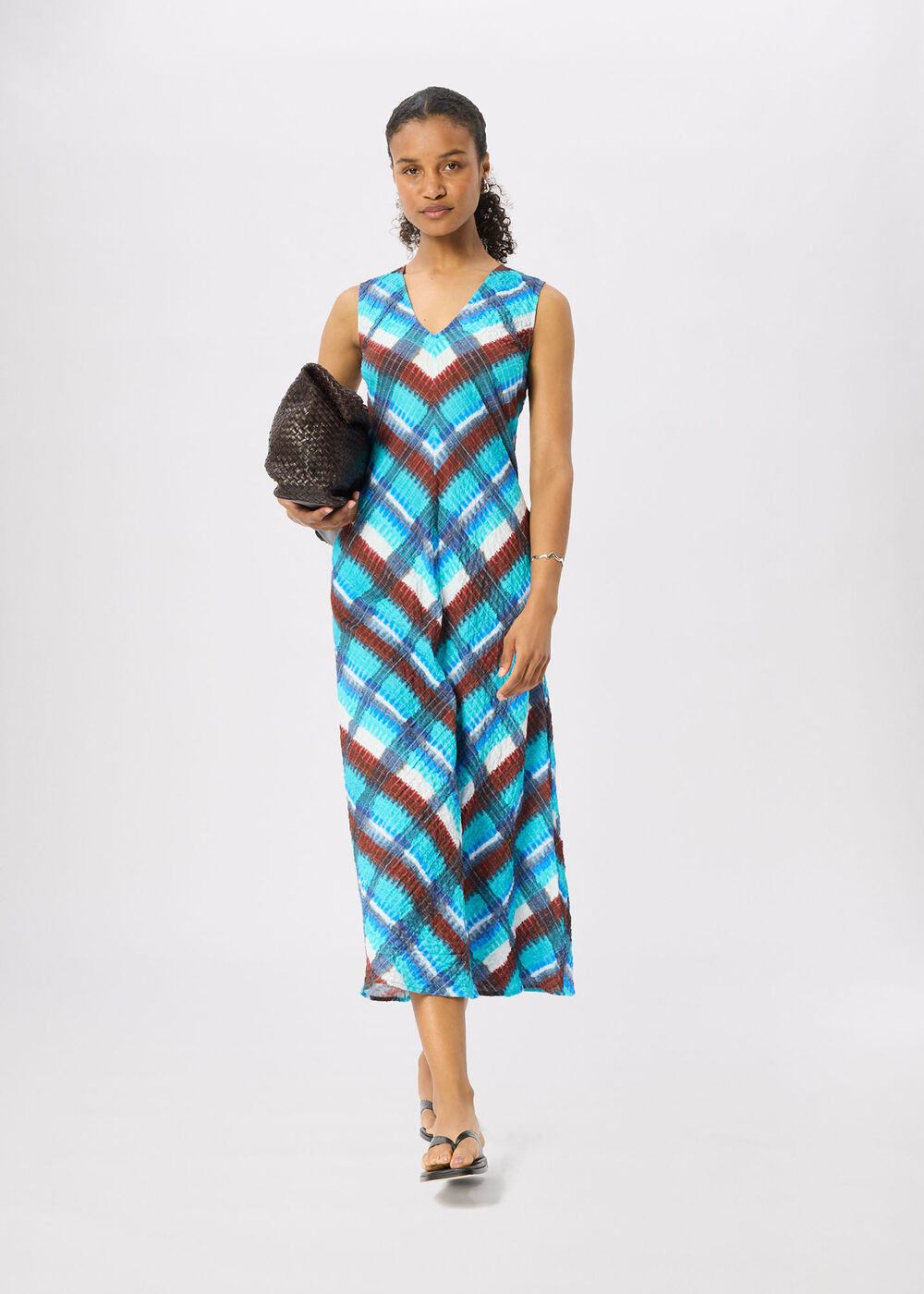 Blue Checked V Neck Textured Dress - Image 2