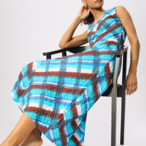 Blue Checked V Neck Textured Dress Blue Checked V Neck Textured Dress