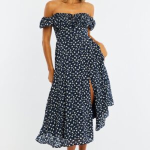 Blue Ditsy Midi Dress Puff Sleeve