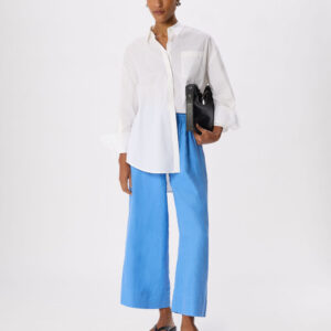 Blue Elasticated Linen Crop Trouser