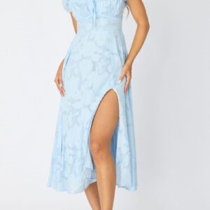 Blue Midi Dress Puff Sleeve
