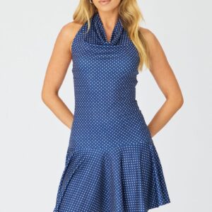 Blue Polka Dot Cowl Neck Mini Dress