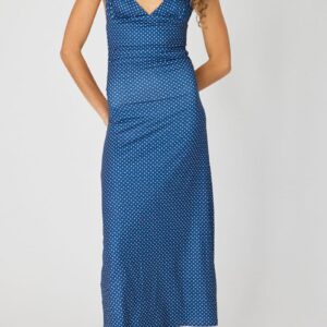 Blue Polka Dot Halter Neck Midi Dress