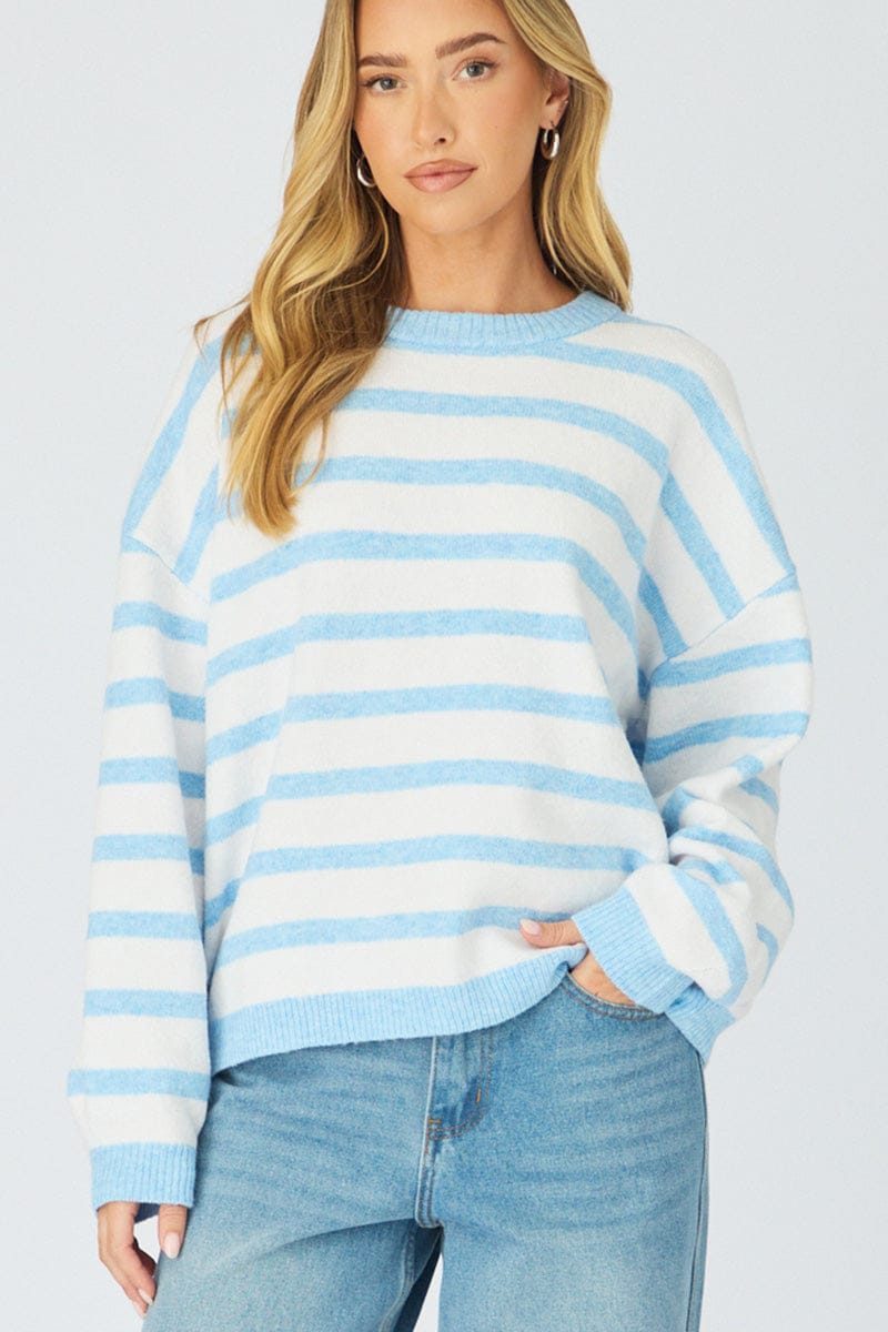Ally Fashion Blue Stripe Basic Stripe Knit Sweater Oversized