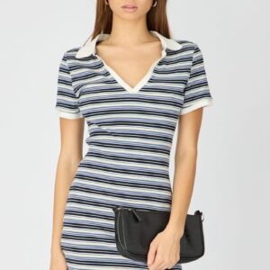 Ally Fashion Blue Stripe Contrast Collar Short Sleeve Mini Dress Blue Stripe Contrast Collar Short Sleeve Mini Dress