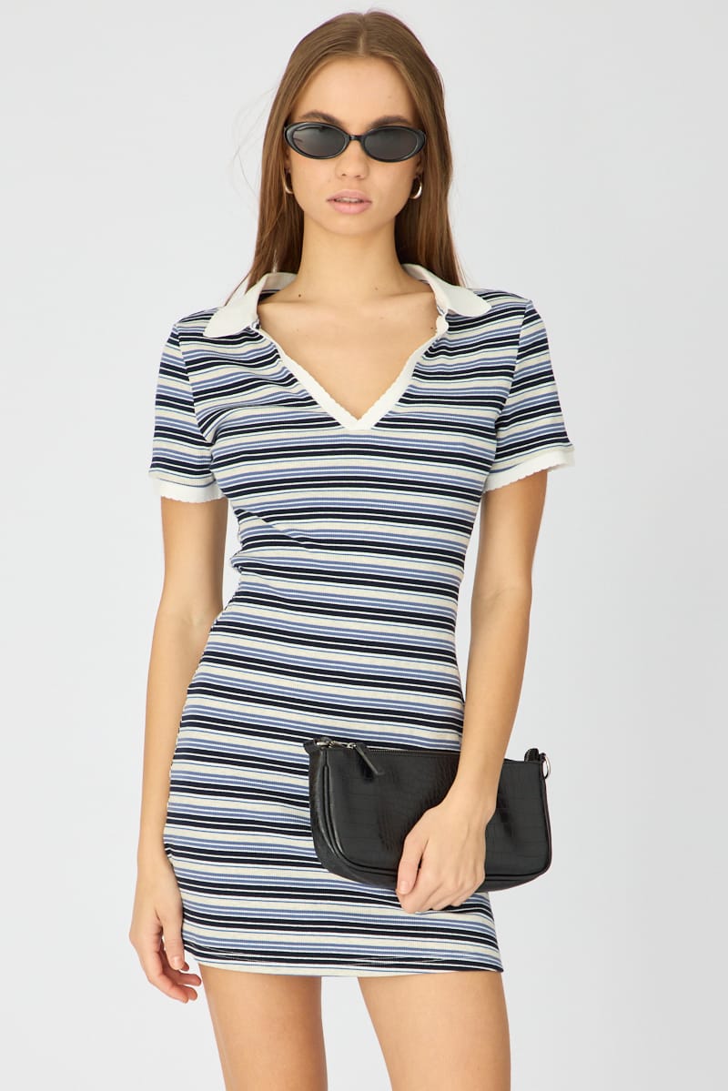 Ally Fashion Blue Stripe Contrast Collar Short Sleeve Mini Dress