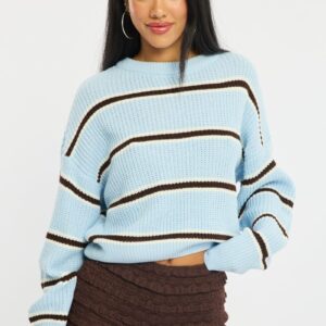 Blue Stripe Knit Top Long Sleeve Color Block