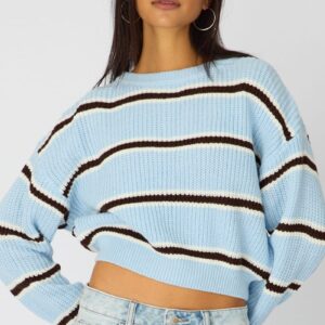 Ally Fashion Blue Stripe Knit Top Long Sleeve Color Block