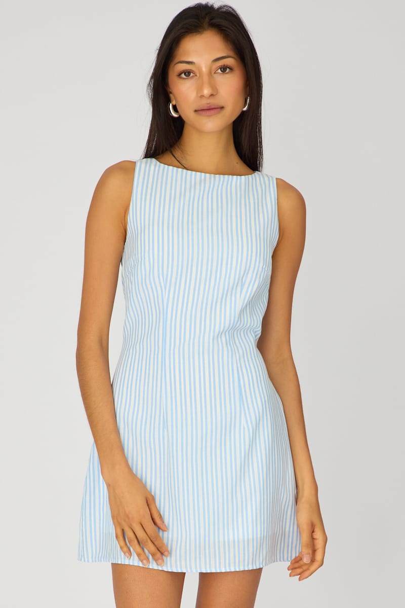 Ally Fashion Blue Stripe Mini Dress Boat Neck