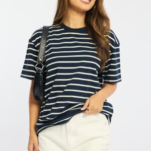 Ally Fashion Blue Stripe Oversized Tee Short Sleeve Blue Stripe Oversized Tee Short Sleeve