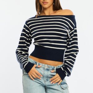 Blue Stripe Stripe Knit Top Off Shoulder Long Sleeve