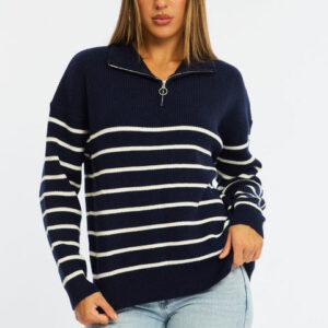 GUANGDONG SHIYUAN NETWORK TECH Blue Stripe Stripe Quarter Zip Knit Fold Down Collar Blue Stripe Stripe Quarter Zip Knit Fold Down Collar