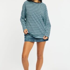 Blue Stripe Striped Top Crew Neck Long Sleeve
