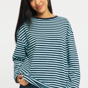 Blue Stripe Striped Top Crew Neck Long Sleeve