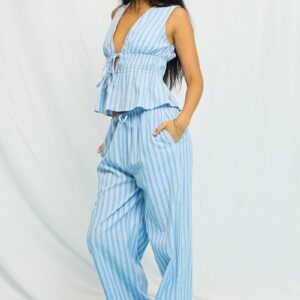 Blue Stripe Wide Leg Pants Elasticated Waist