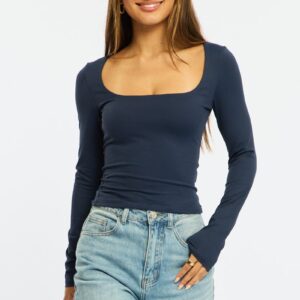 Blue Supersoft Top Square Neck Long Sleeve