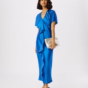 Blue V Neck Ruffle Satin Dress