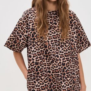 Bonded Satin Leopard Print T-Shirt Dress
