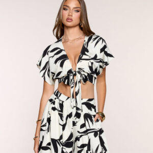 Breezy Vibe Tropical Print Tie-Front Top