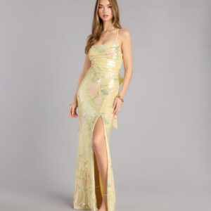 Brinley Bow Back Floral Sequin Column Dress